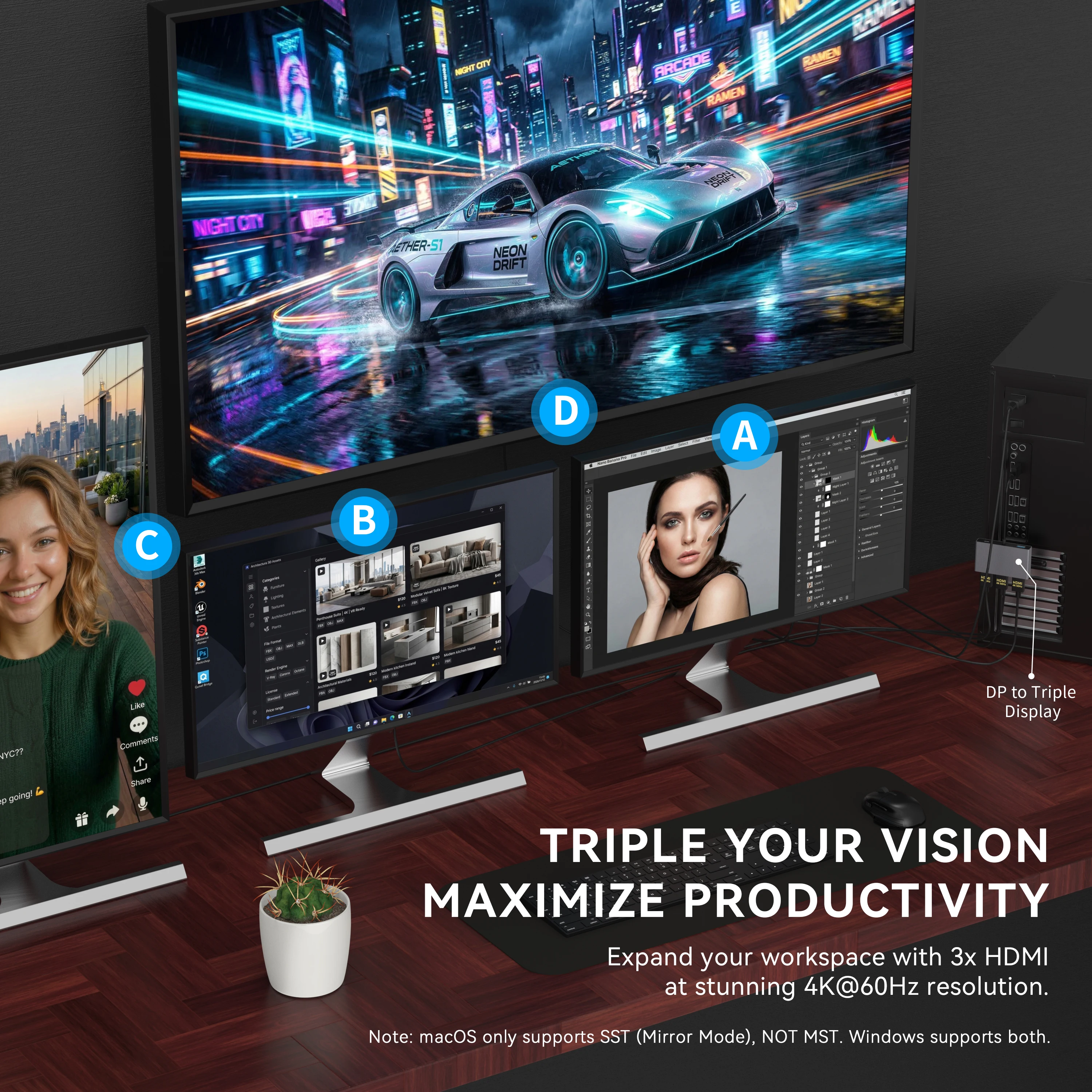 DP to Triple HDMI Adapter | DisplayPort to 3 HDTV Splitter 4K 60Hz | USB-C 5V2A Power Input | Multi Monitor Converter
