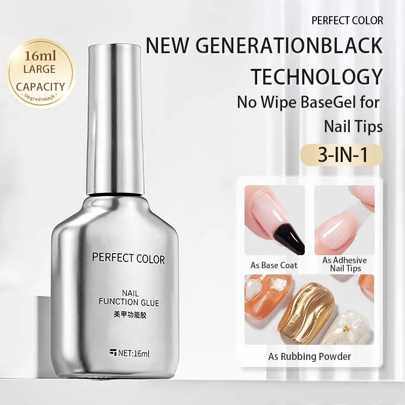 Esmalte de base de cor perfeita 16ml 3 em 1, revestimento de base de gel, cola para pontas de unhas e pó cromado para esfregar