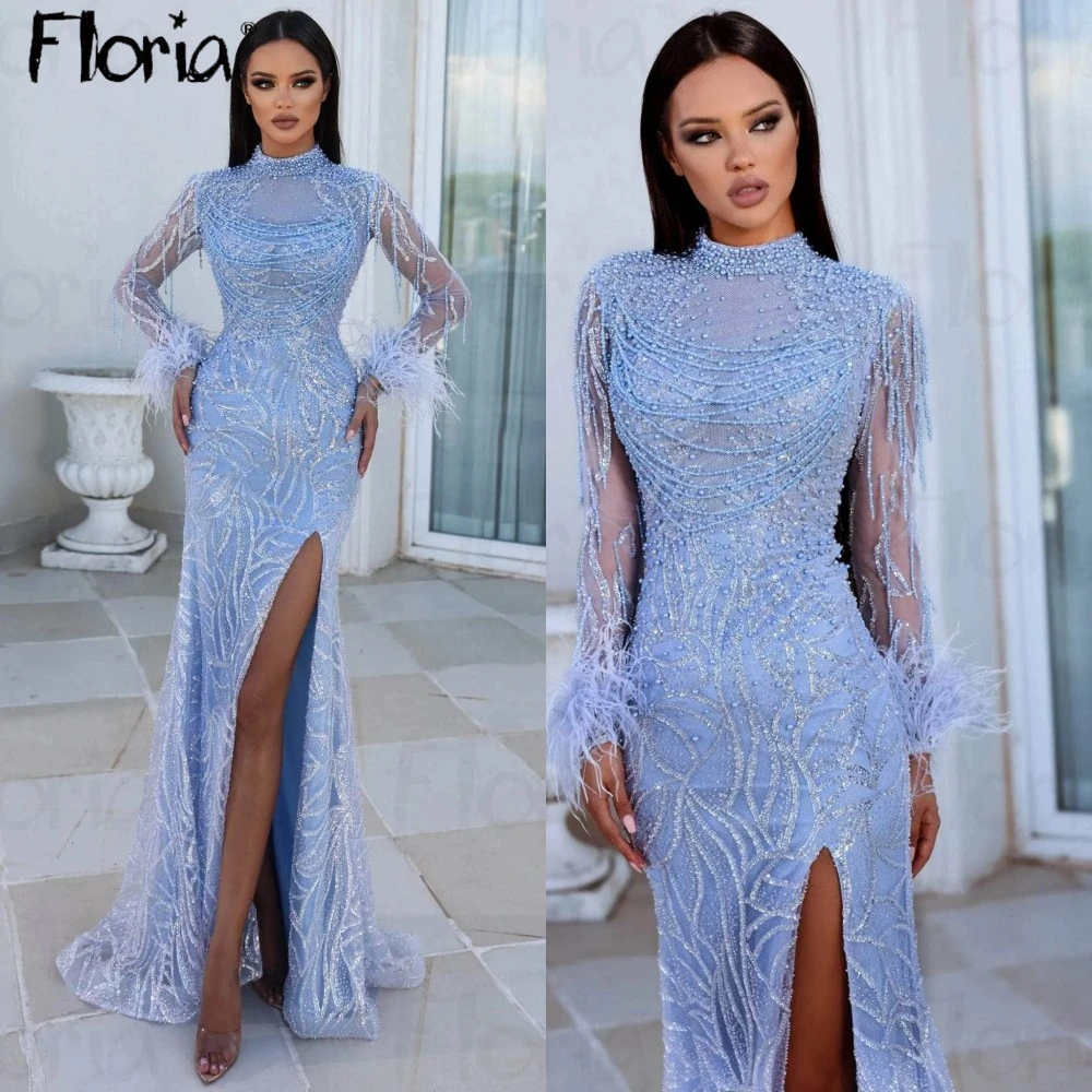 

Unique Design Sky Blue Feather Side Split Evening Dress Dubai Plus Size Beaded Prom Dress Robe de Mariée 2024 Muslim Women Dress