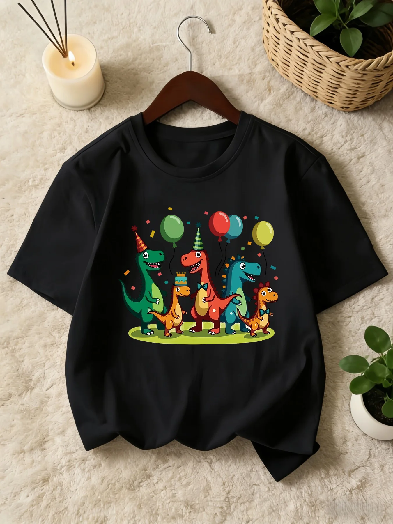 Cartoon Party Dinosaurs Balloons Kids T Shirt Boys Girls Family Matching Parent Child Summer Crew Neck Children Casual Tee