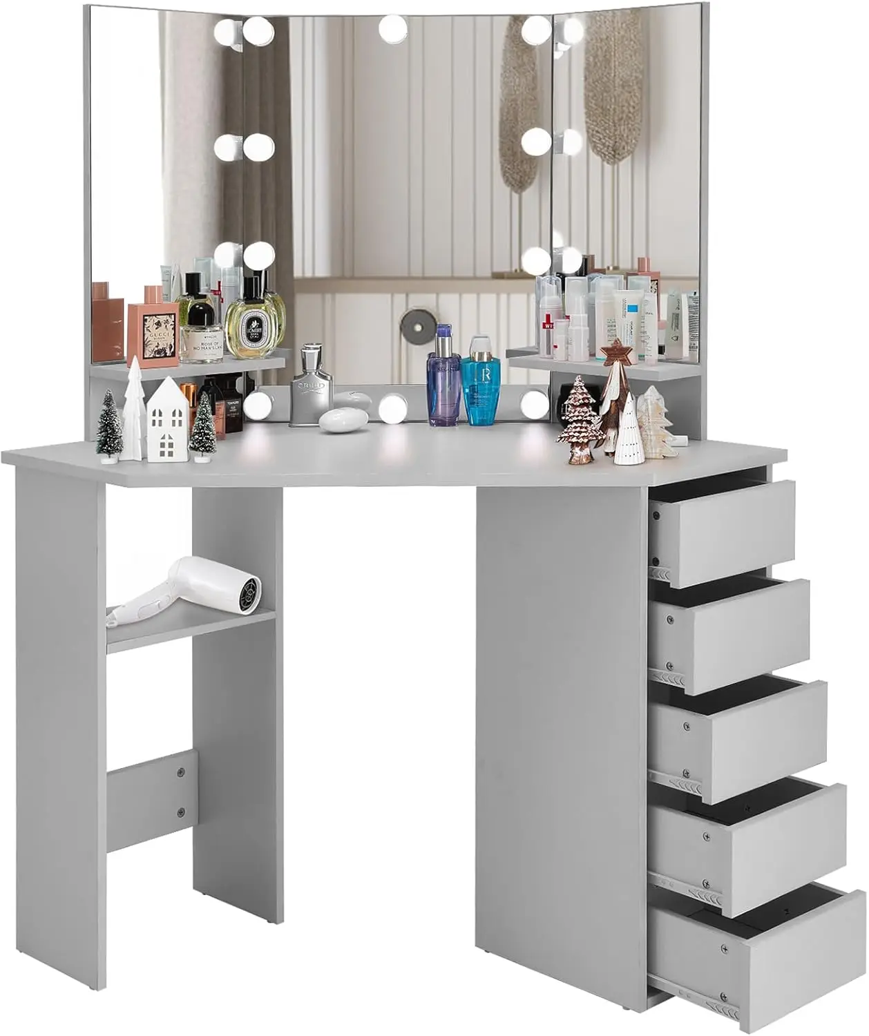 Corner Makeup Vanity Desk with Mirror Lights - Makeup Vanity Table with 3 Lighted Mirror 5 Drawers, Bedroom Makeup Desk