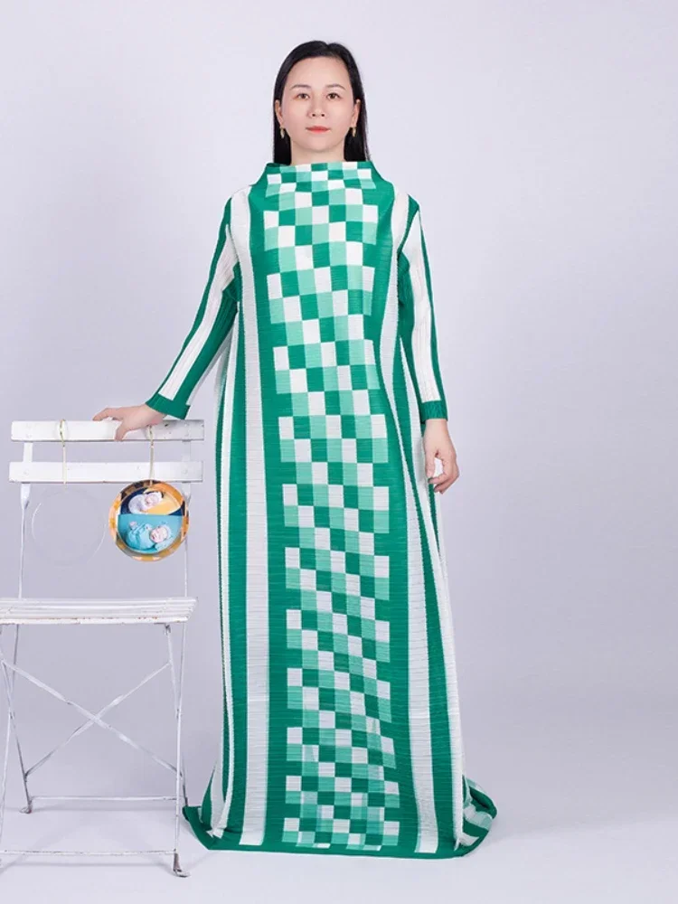 Miyake Pleated Maxi Long Dress of Women 2024 Designer Plaid Long Sleeve Color Block Loose Formal Dresses Summer New Hot Sales