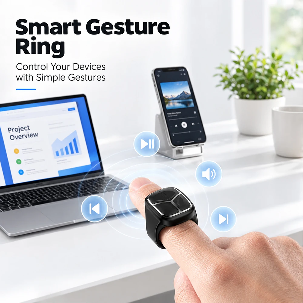 3-in-1 Smart Ring Wireless Bluetooth Remote Control DC 5V Fingertip Artifact for Selfie/Page  Flipping/Video&Music Control
