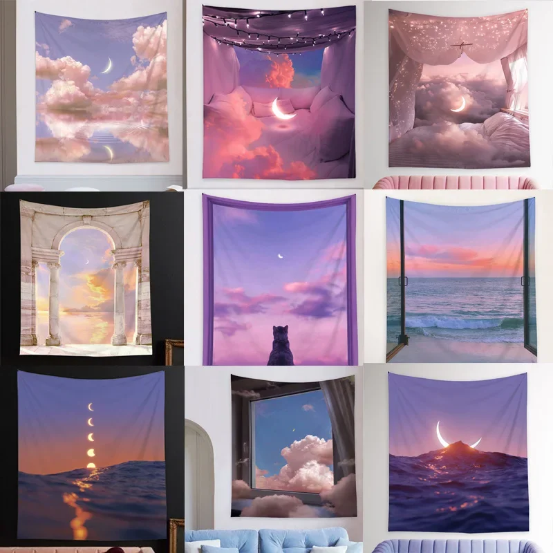 Starry Night Sky Moon Tapestry Psychedelic Wall Covering Carpet Ceiling Window Sea   Hanging