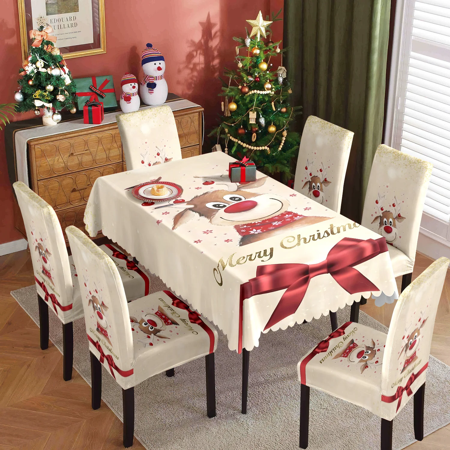 

5/7pcs Christmas table and chair covers, reindeer pattern "Merry Christmas" and bow print, stretch chair covers and tablecloths