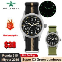 Reloj de cuarzo Militado ML05 de 38mm, relojes con movimiento Miyota 2035/Ronda 515, cristal de zafiro con cúpula, relojes luminosos resistentes al agua de 100m