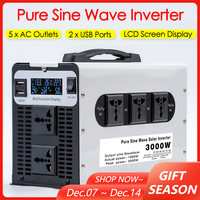 Pure Sine Wave Inverter 12/24/48/60/72V To 220V 3000W DC To AC Power Converter Car Solar Inverter LCD Display with 5*AC Outlets