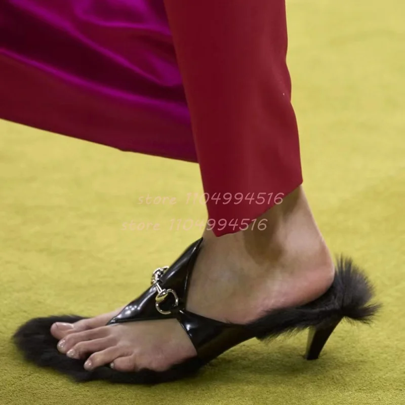 

Black White Mixed Colors Fur Stiletto Slippers Women Metal Decor Slip On Mules High Heels Fashion Luxury Party Evening Slippers