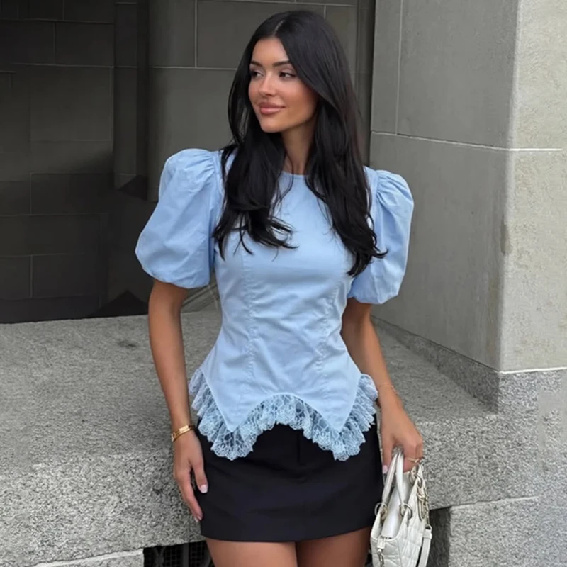 

TARUXY Puff-Sleeve Lace Blouse Women's Solid Round Neck Waist-Cinching Lace Up Fashion Short-Sleeve T-Shirt Summer Commuting Top
