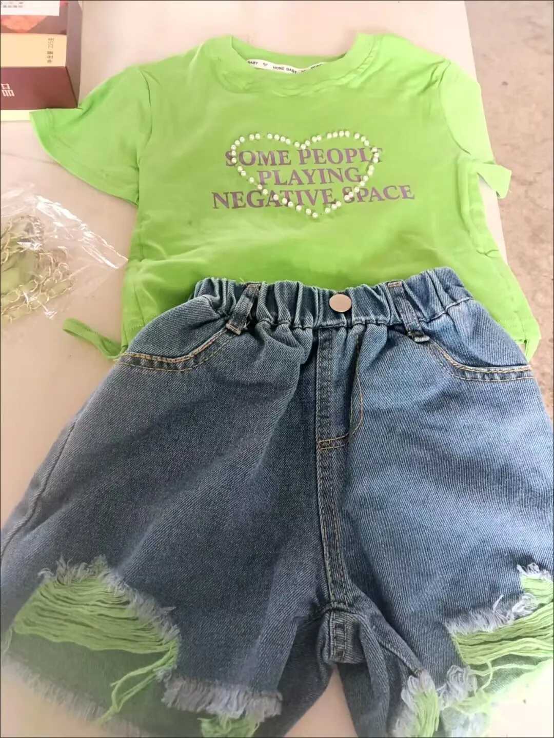 Pantaloncini estivi per neonate set di vestiti T-shirt con perle di cotone + pantaloncini di jeans + borsa 3 pezzi abiti causali da principessa