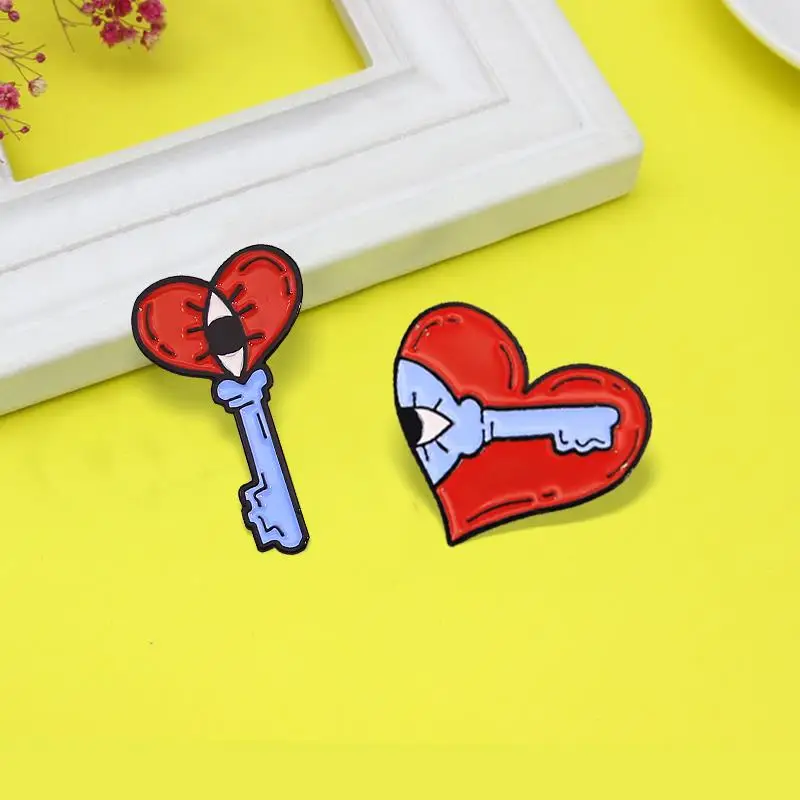 Fun Red Hearts Key Enamel Pin Heart  Big Eye Key Magic Wand Brooches Bag Shirt Lapel Pin Jewelry Gift for Friends Kids