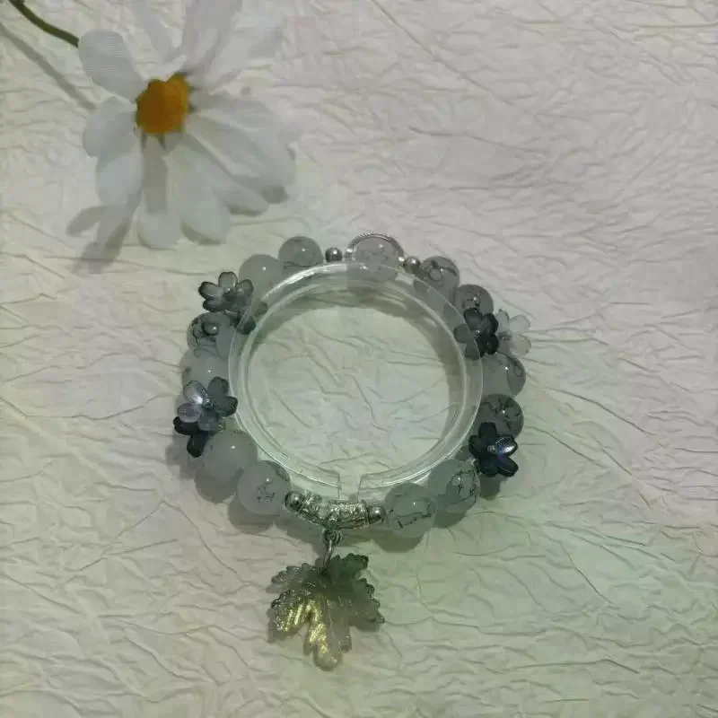 Beaded Bracelet With Leaf Charm Good Luck Blessing For Daily Wear Graduation Gift Crystal
