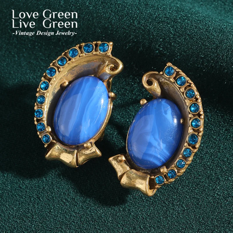 

Vintage Blue Glaze Half Flower Stud Earring Antique Gold Color Rhinestone Natural Stone Jewelry For Women New Trends In 2025