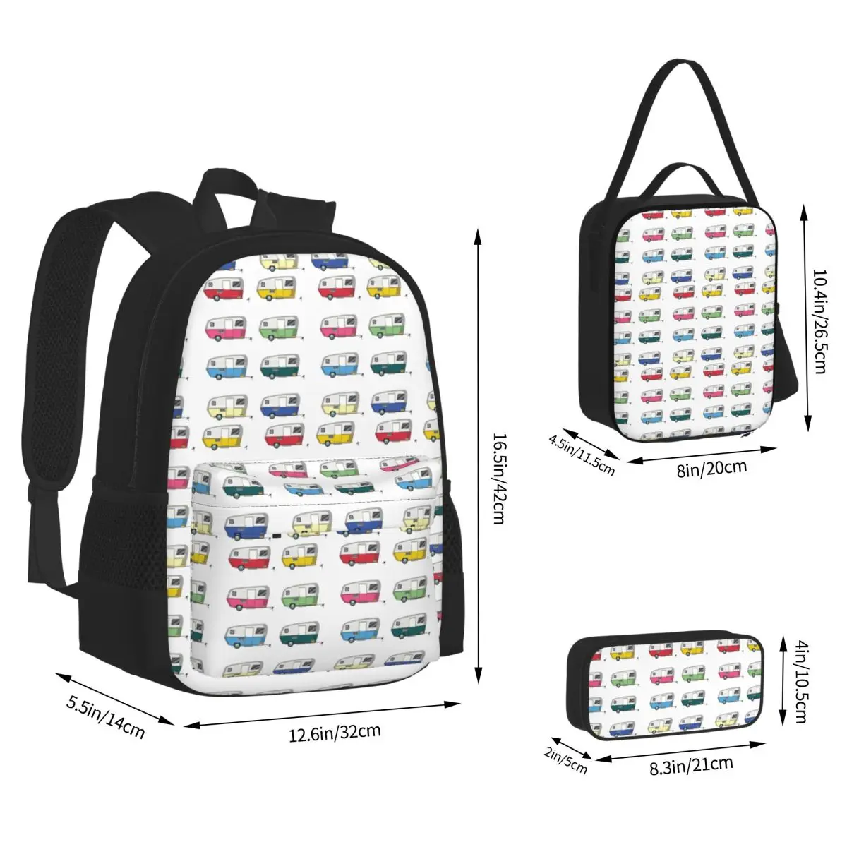 Colourful Vintage Eriba Puck Caravan Daisy Backpacks Bookbag School Bags Children Rucksack Lunch Bag Pen Bag Three-Piece Set