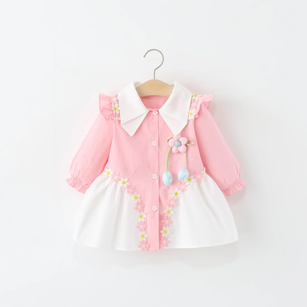 

Весенне-осенняя верхняя одежда для девочек, хлопковое платье с длинными рукавами и цветочным декором, с бантом и цветными блоками, розовое платье для маленьких девочек