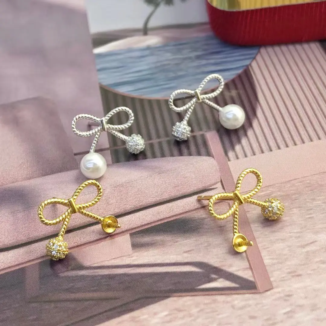 Bow Knot S925 Sterling Silver Earrings Mount Findings Settings Base Mounting Parts Accessory for 4-5mm Pearls 5 pairs/lot