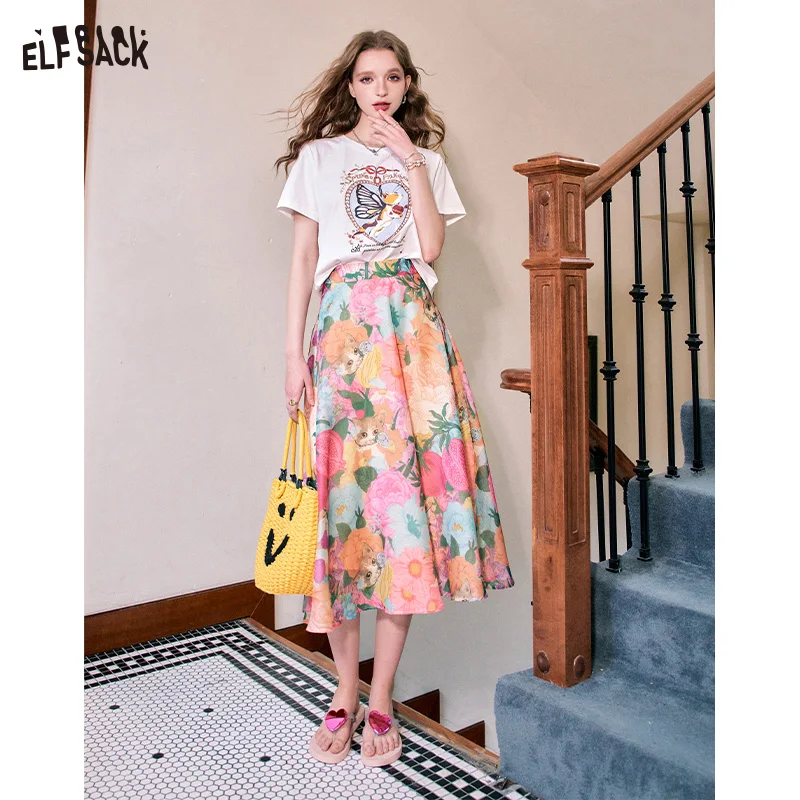 ELFSACK 2024 Summer New High waist oil painting sexy holiday style free feeling midi skirt skirt for women