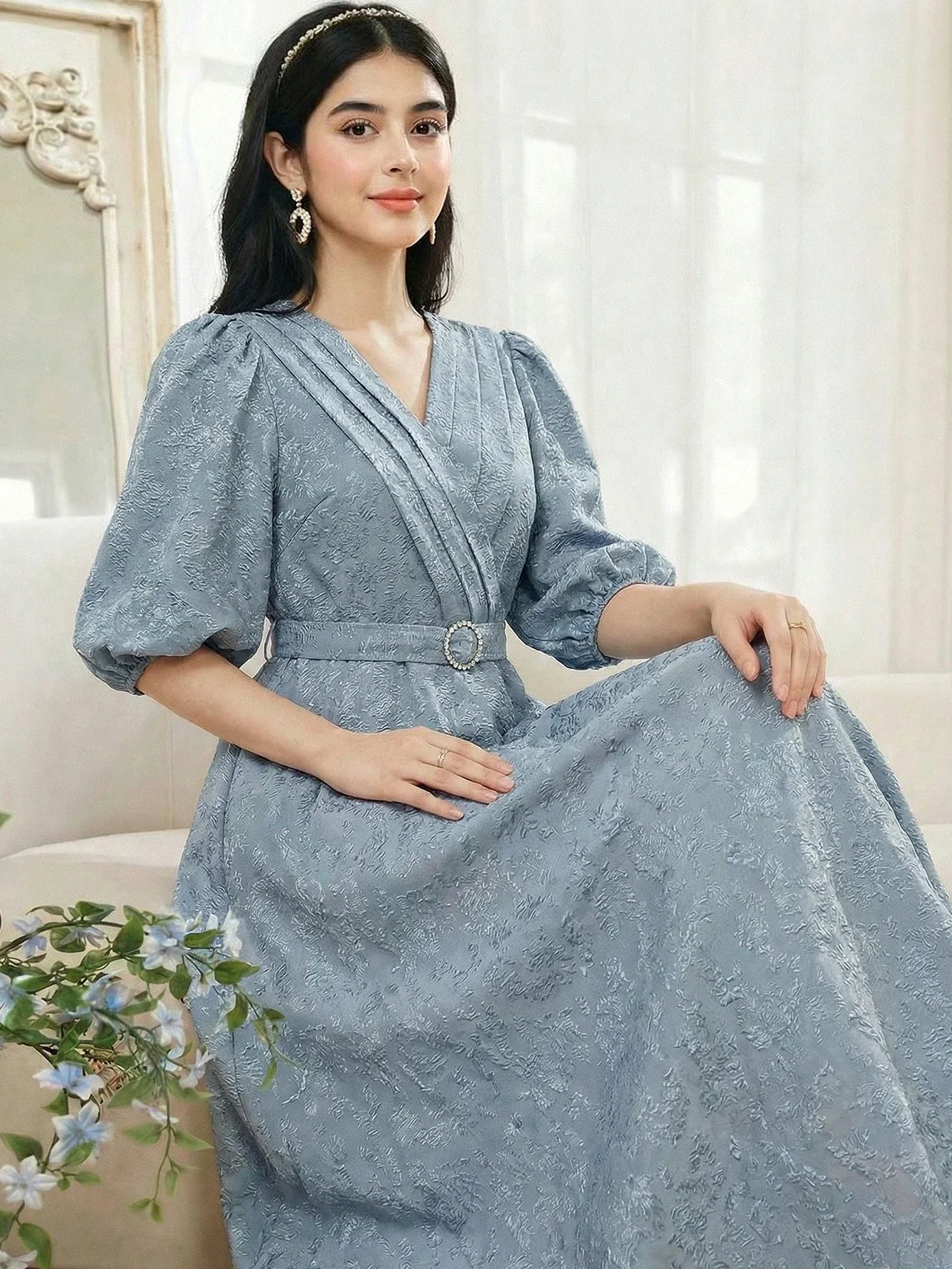

Dusty Blue Puff Sleeve Textured Jacquard Wrap Waist Fit Flare Maxi Dress
