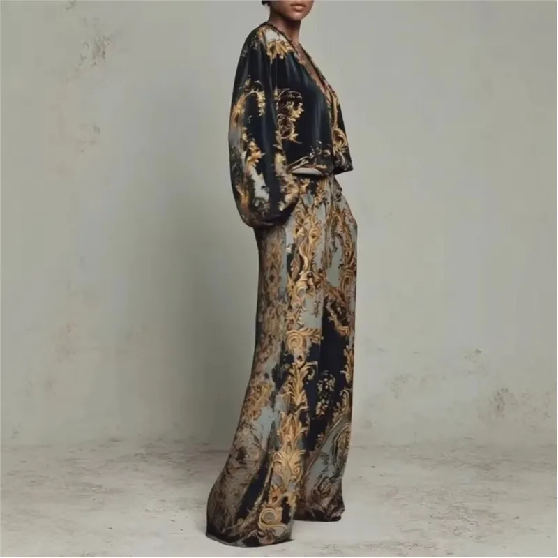 Retro 3D Printed 2 Pieces Set For Woman Sexy Deep V Neck Top Blouses Elegant Outfit Spring Autumn Fashion Wide Leg Trousers Suit