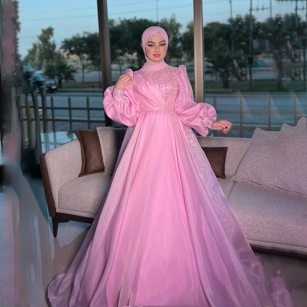 

Colorful Wedding Dresses Muslim Bride with Hijab Long Sleeve High Neck A-Line Beading Sequined Graceful Bridal Gown Customized