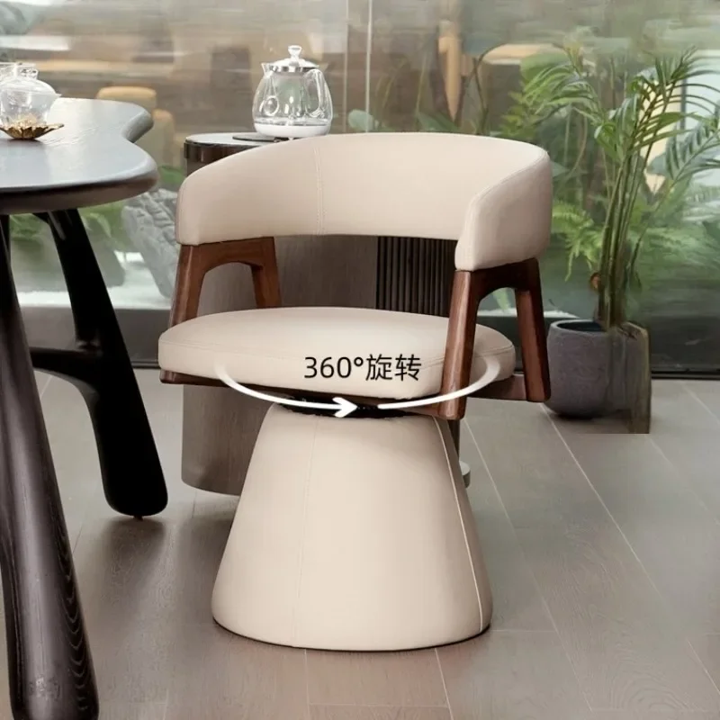 Aesthetic black walnut, leather solid wood tea chair light luxury, premium rotating dining chair master single chair