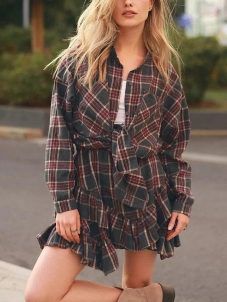 

Tossy Vintage Printing Plaid Shirts 2 Piece-Set Skirt Loose Shirtsleeves Top And Tierre High Waist Skirt Outfits Women Sets New