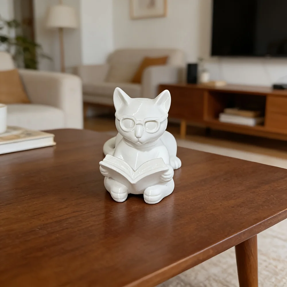 3D Printed Glossy White Reading Cat Figurine with Glasses Minimalist Desktop Ornament for Book & Cat Lovers Decor Gift