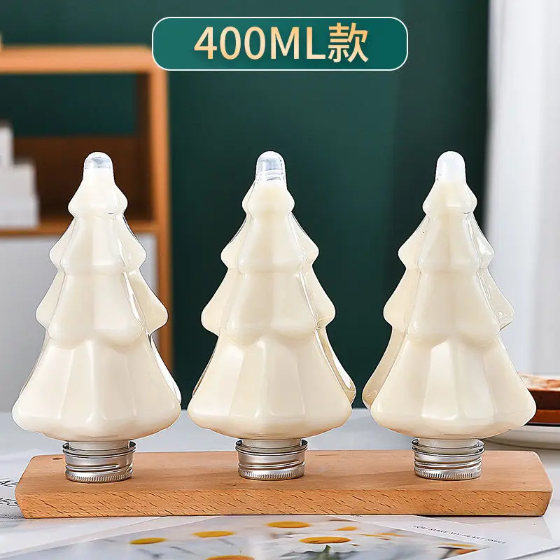 

400ml 10 Pcs Christmas Tree Plastic Bottles With Lid Creative Hat Scarf Decor Transparent Drink Beverage Container Coffee Juice