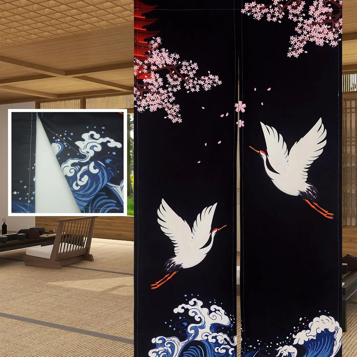 Vintage Japanese Crane Door Curtain, Ukiyo-e Style Red-Crowned Crane, Sakura & Wave Design, Japanese Art Home Decor Partition