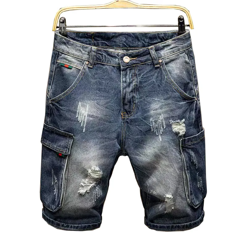 Trendy Men's Ripped Five-Quarter Denim Shorts Summer Multi-Pocket Workwear  Riding Pants Loose Straight Leg Jeans view 5