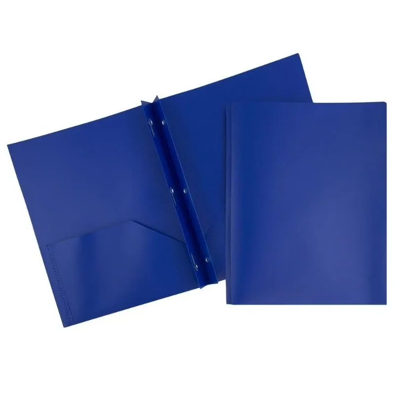 Plastic 2 Pocket School POP Folders with Metal Prongs Fastener Clasps, Dark Blue, 3/Pack