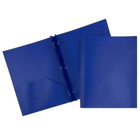 Plastic 2 Pocket School POP Folders with Metal Prongs Fastener Clasps, Dark Blue, 3/Pack