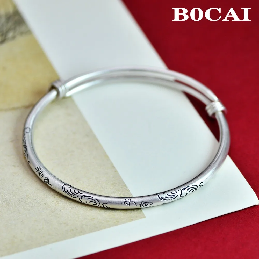 BOCAI Solid S999 Silver Jewelry Ancient Engraved Lotus Push-Pull Bracelet for Women Retro Literary Good Luck Gift Drop Shipping