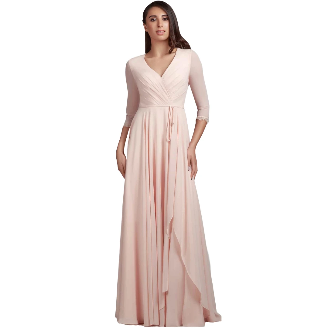 

Blush Pink Floor-Length Chiffon Gown V-Neck Ruched Bodice Lace Cuff Sashes Elegant Mother of the Bride Flowing Layered Skirt