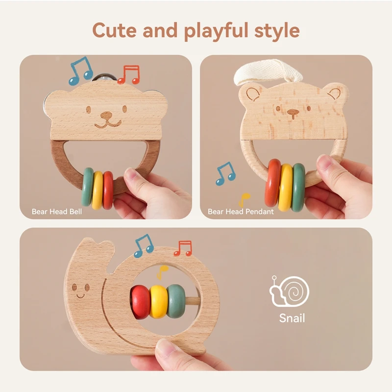 Jouets hochet ours Animal, sucette, anneaux à main, anneaux de dentition en bois, produits pour bébés, jouets en bois, cadeaux pour nouveau-nés, 1 pièce