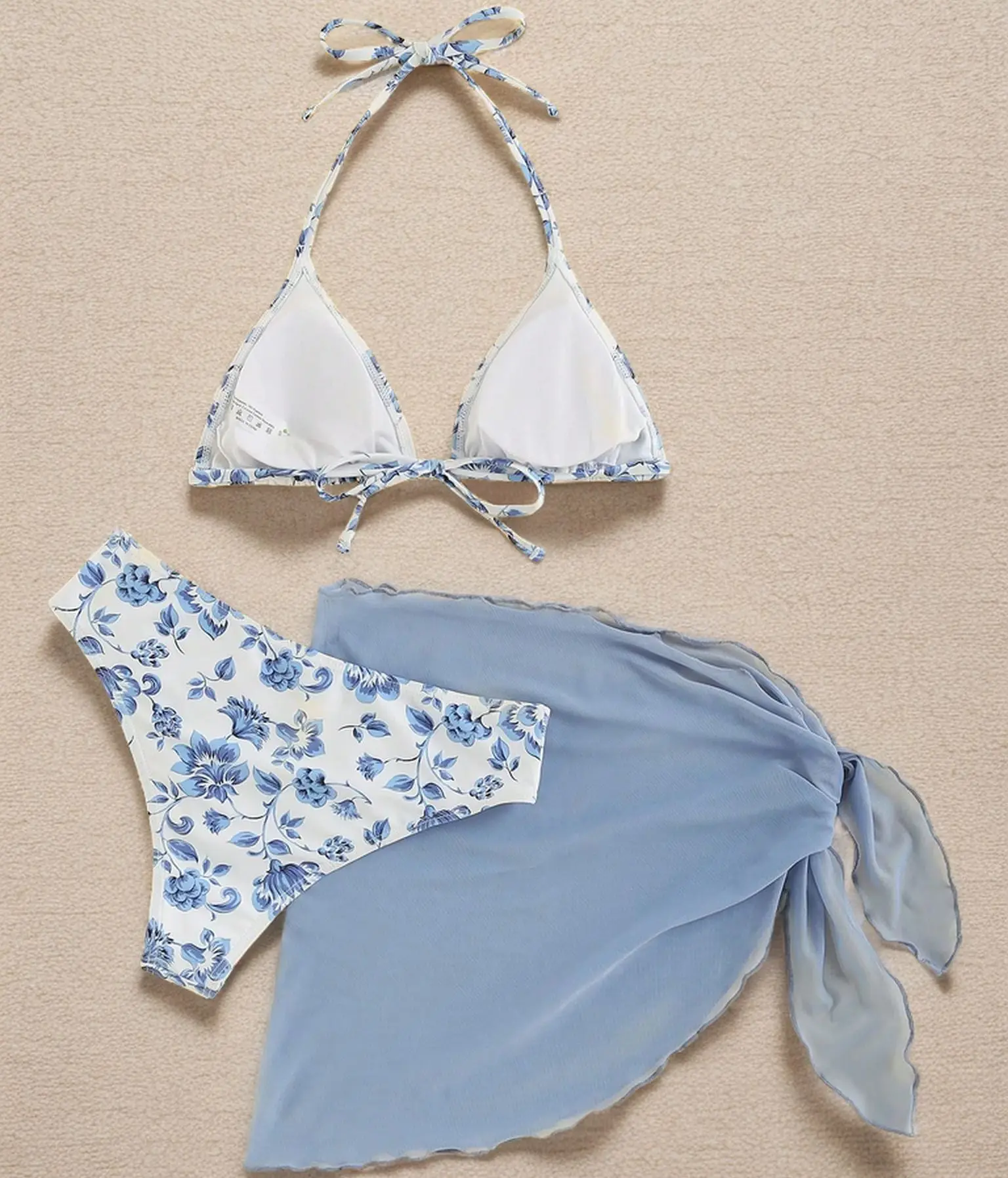 3 Piece Bikini Suit Print Flower Sexy Triangle Cup Hang Neck Swimwear Blue Female High Slit Skirt  Women Beach Suit