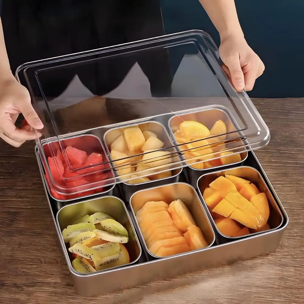 

Stainless Steel Storage Seasoning Box PC Cover 6 & 8 Grid Condiment Boxes with Lid and Fork Chilled Condiment Server