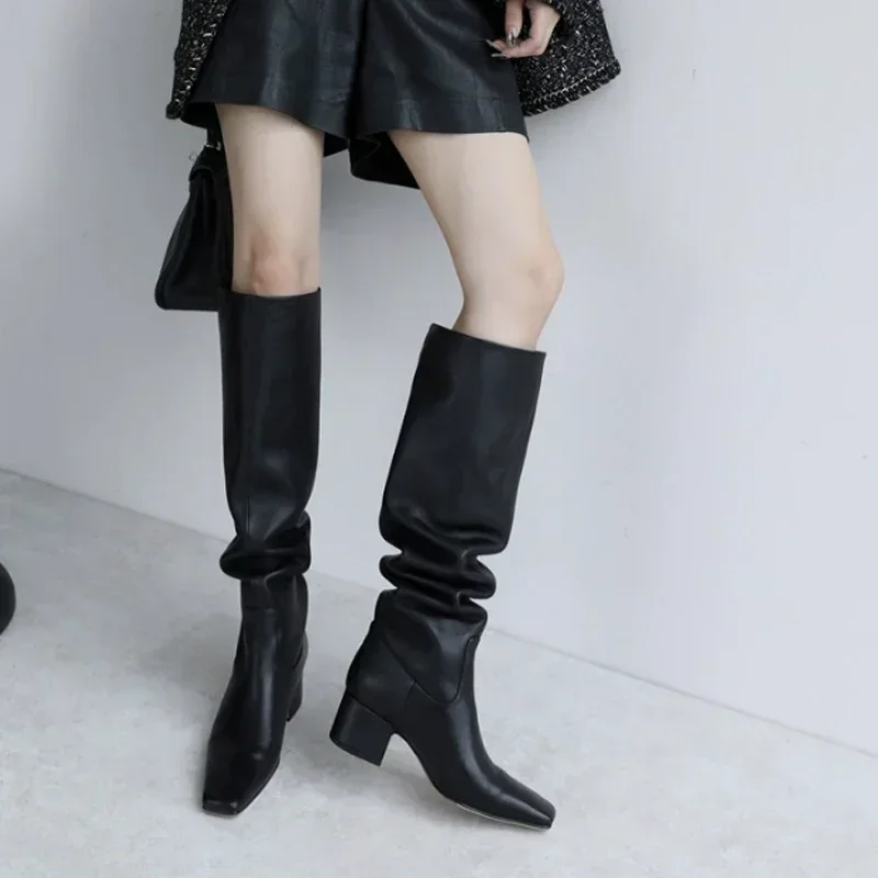 JOZHAMTA Size 34-43 Knee Boots For Women Genuine Leather Block High Heels Shoes Winter 2025 Wide Calf Casual Long Tall Boots