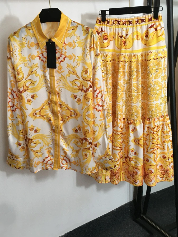 Retro Lapel Long-Sleeved Printed Shirt Spring New Fashion Women's Suit + Elastic Waist Big Swing Fluffy Skirt Elegant Two-Piece
