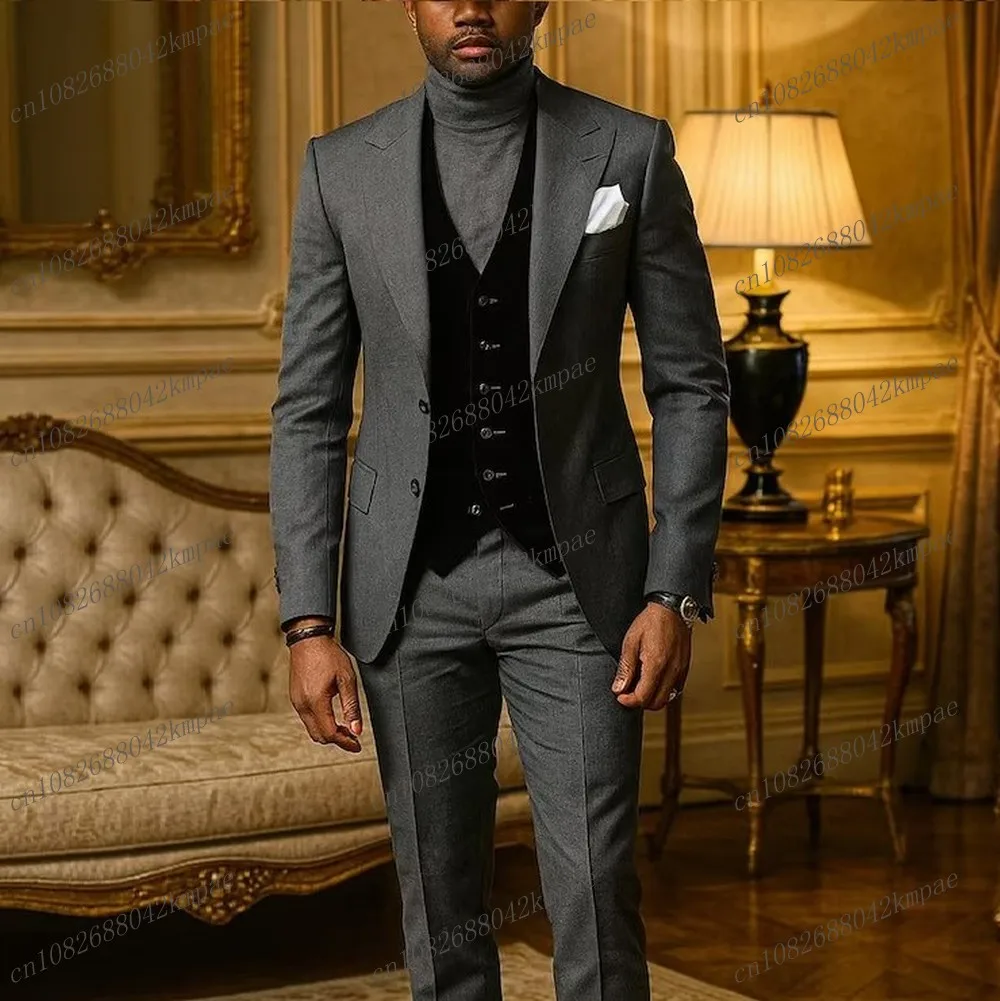 

New Dark Grey And Black Formal Men Suit Groom Groomsman Wedding Party Prom Business Male Tuxedos 3 Piece Set Blazer Vest Pants