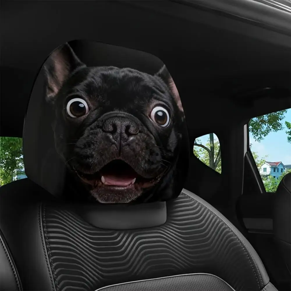 2 Pieces Funny Black French Bulldog Car Headrest Covers, 2D Style Printed Elastic Universal Car Seat Headrest Protectors