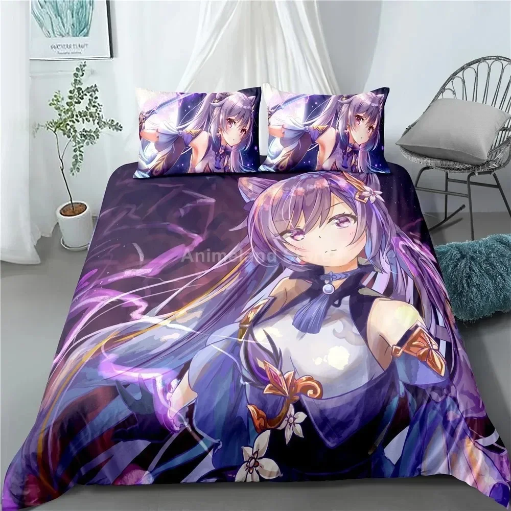 Keqing Bedding Set Genshin Impact Game 3d Print Bed Linen Quilt Soft Duvet Cover Sets Home Room Decor Queen King Size Purple