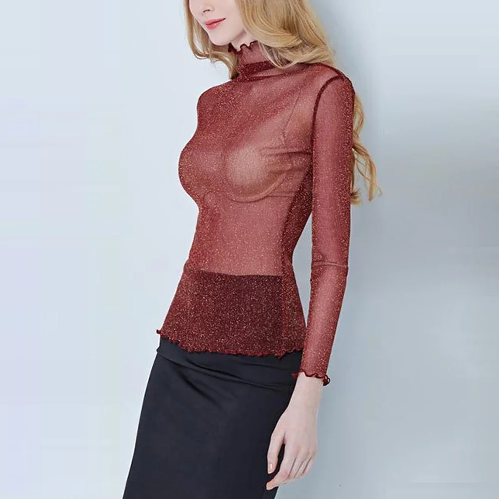 

Black White Grey Pink Red Apricot Color Women T Shirt Bright Filament Tops Transparent Blouse Female Turtleneck Knitted Shirt