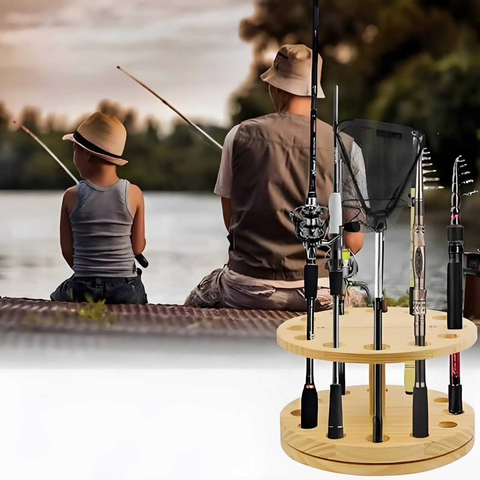 

Wooden Fishing Rod Holder Easy to Reach Outdoor Gear Storage for Home, Garage