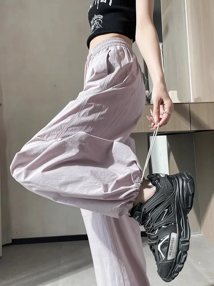 

Американские летние тонкие брюки из ледяного шелка для женщин, с высокой талией, свободные, утягивающие, маленького размера, быстросохнущие, спортивные брюки