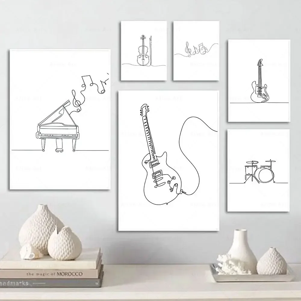 Nordic Piano Guitar Saxophone Line Draw Wall Art Canvas Poster Music Print Abstract Minimalist Painting Picture Living Room Deco
