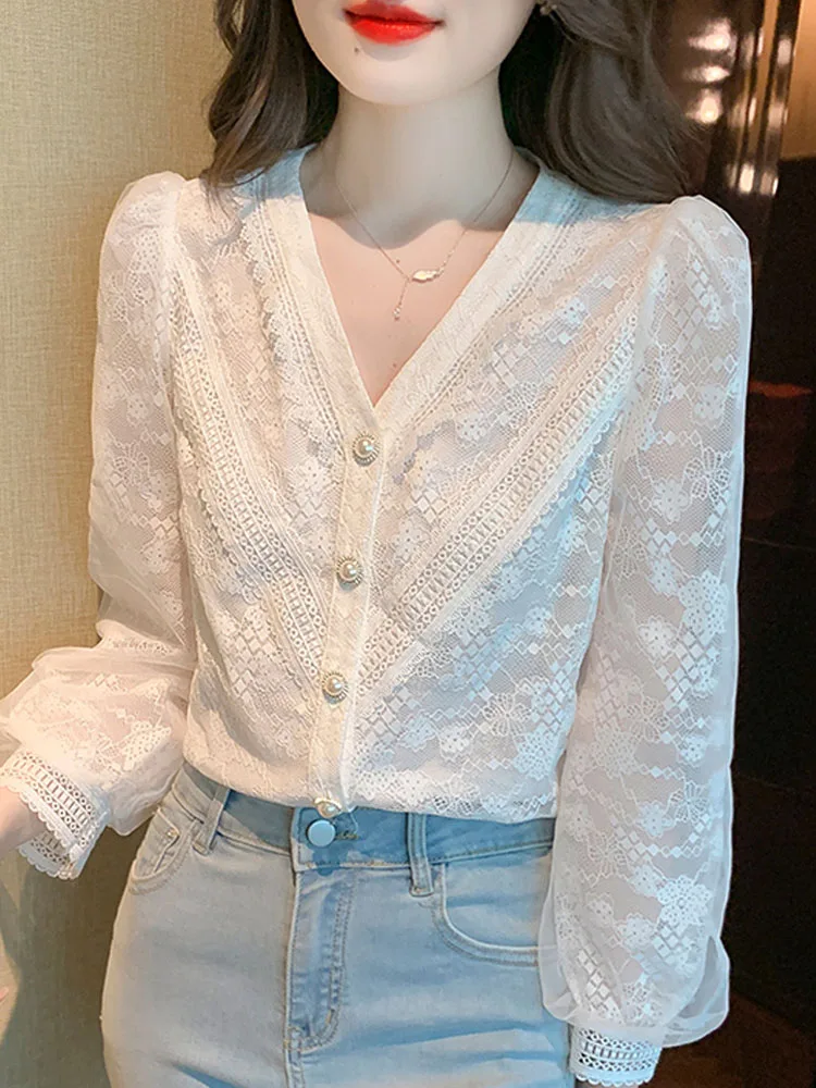 Long Sleeve White Blouse Shirt Women Tops Blusas Mujer De Moda 2024V-Neck Lace Blouse Women Shirts Blouses Blusa Camisas G383