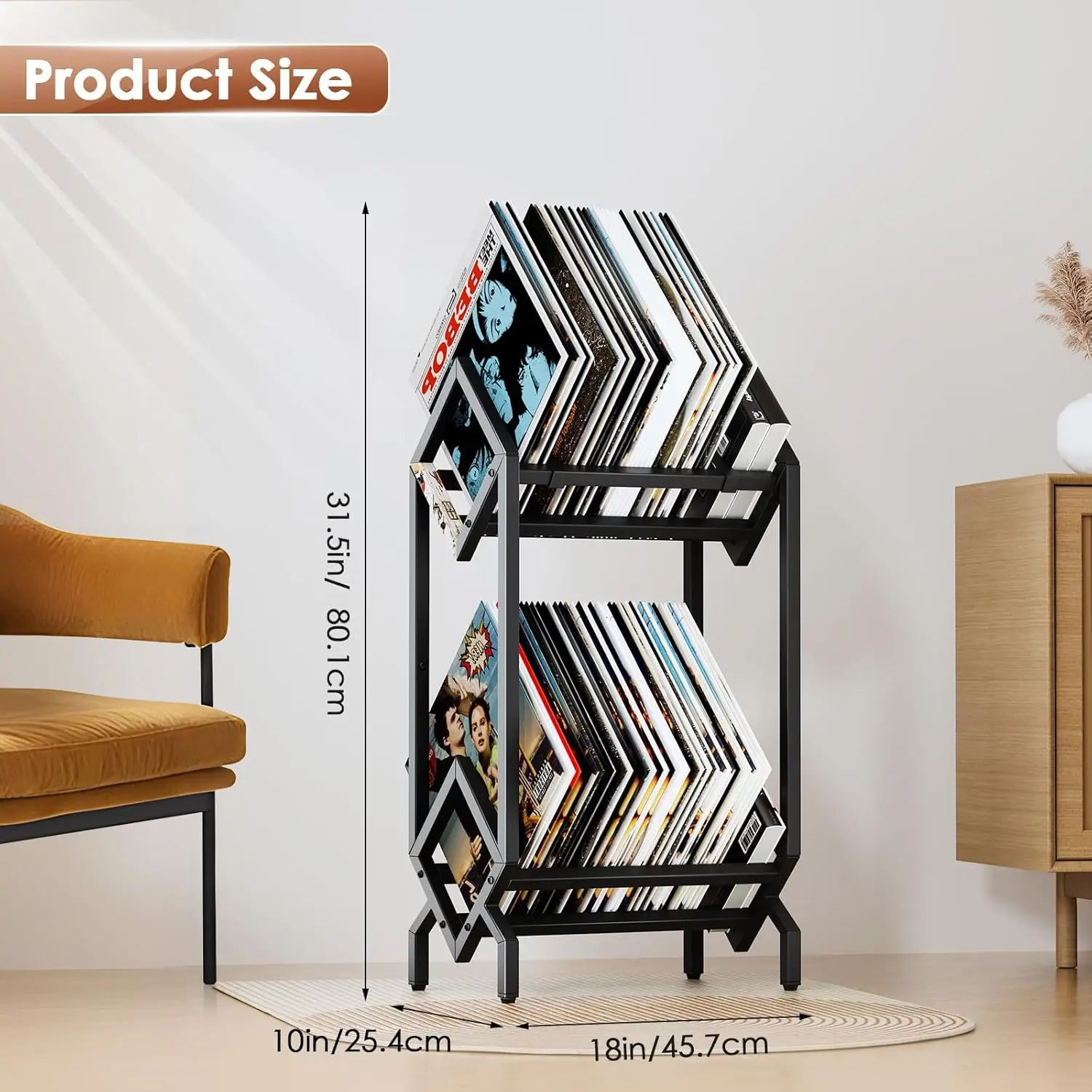 Matte Black Vinyl Record Storage Rack for 160-200 LPs, Albums, Books, and Magazines
