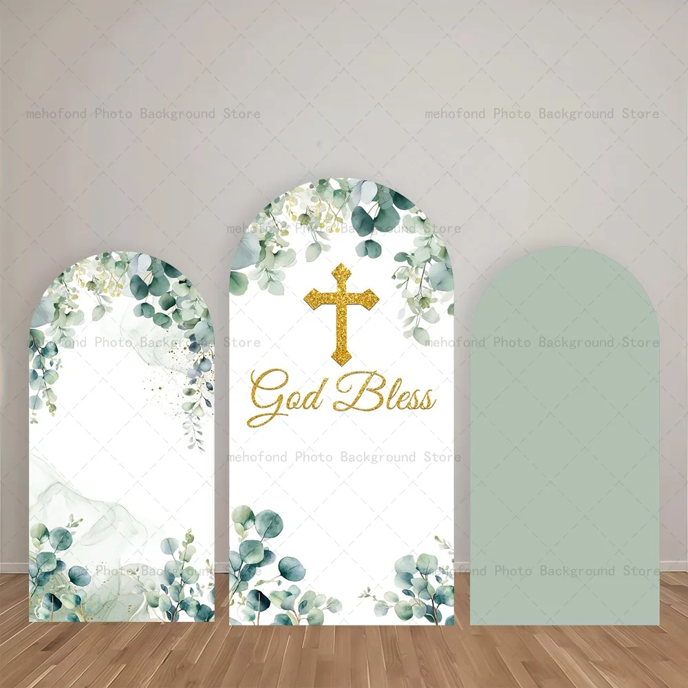 Mehofond Arch Backdrop God Bless Baptism Green Leaves Embellish Kids Baby Birthday Party Decor Studio Photography Background