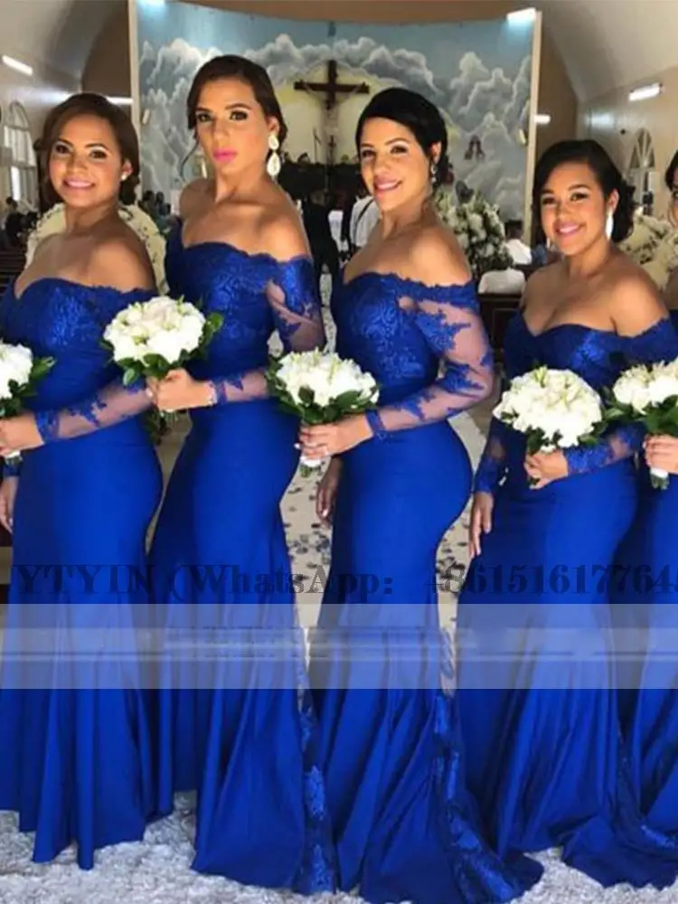 

Long Sleeves Mermaid Royal Blue Women's Bridesmaid Dresses for African Girls Elegant Satin Gown Women for Wedding Party